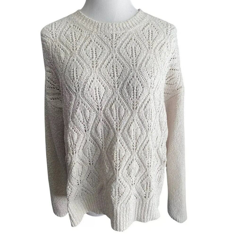 Lucky Brand Pointelle Cable Stitch Sweater Oatmeal Beige Knit Top L/S